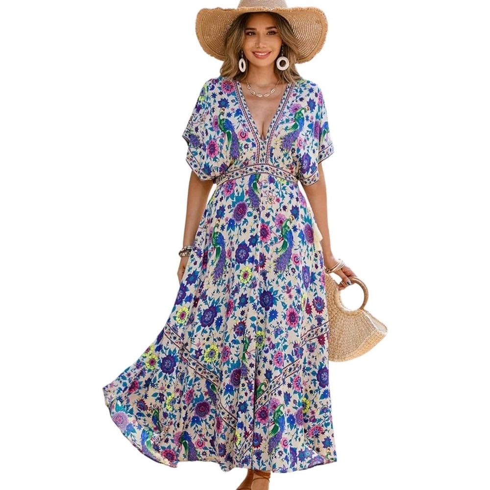 R.Vivimos Dress Womens Small Boho Peacock Floral Tassel V Neck Maxi Multicolor